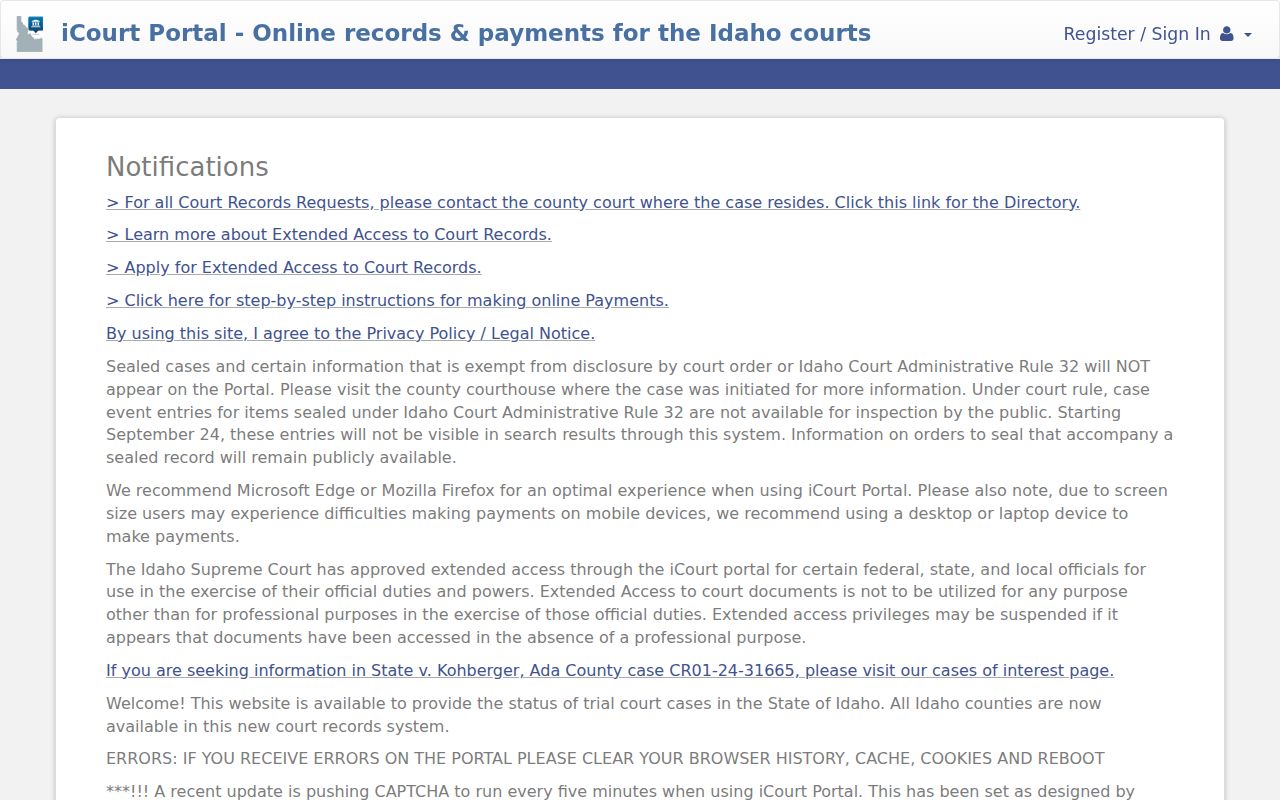 Minidoka County criminal history iCourt case search